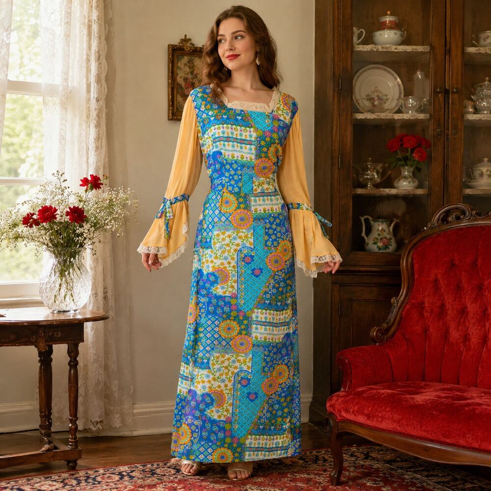 70s Handmade Prairie Maxi Dress, Patchwork Print Boho Bell Sleeve Folk Dress - L